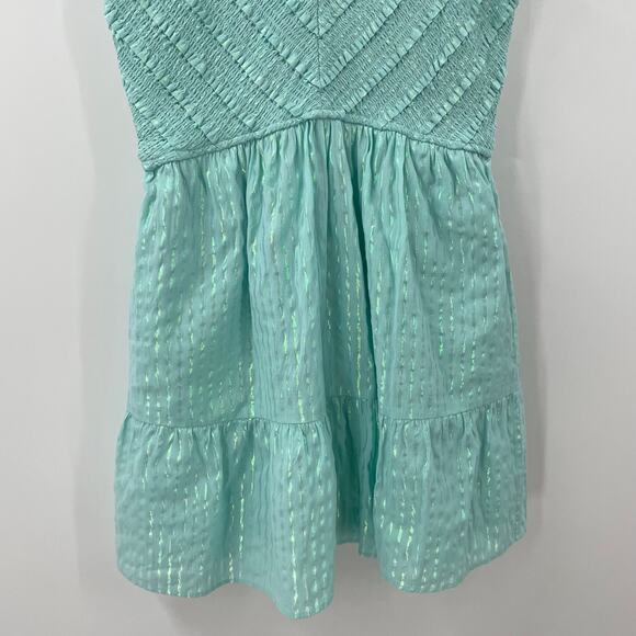 Saylor XS Carraway Mini Dress Smocked Bodice Flutter Sleeves Aqua Metallic - Picture 8 of 13